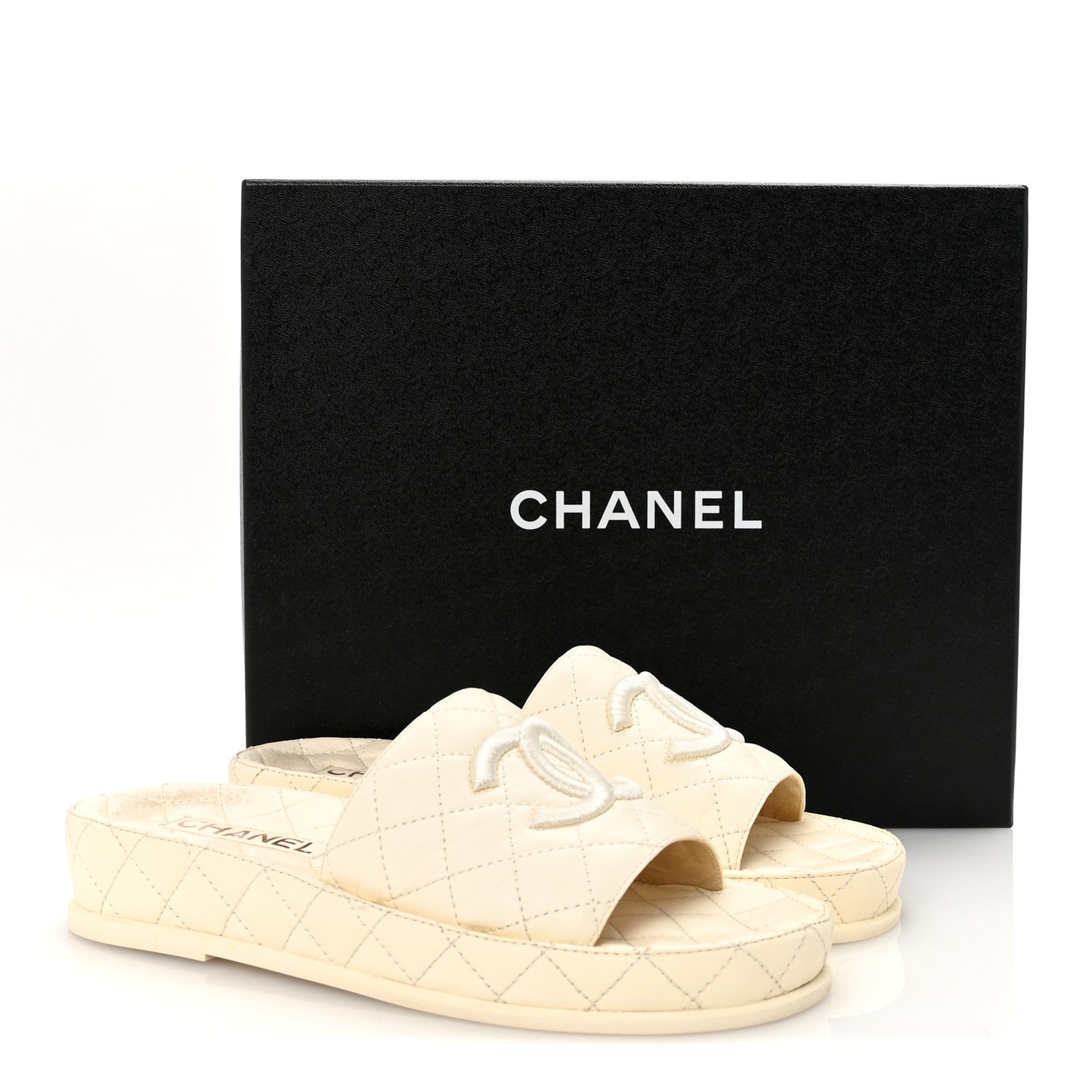 Lambskin Quilted CC Mules Sandals 38 Ivory