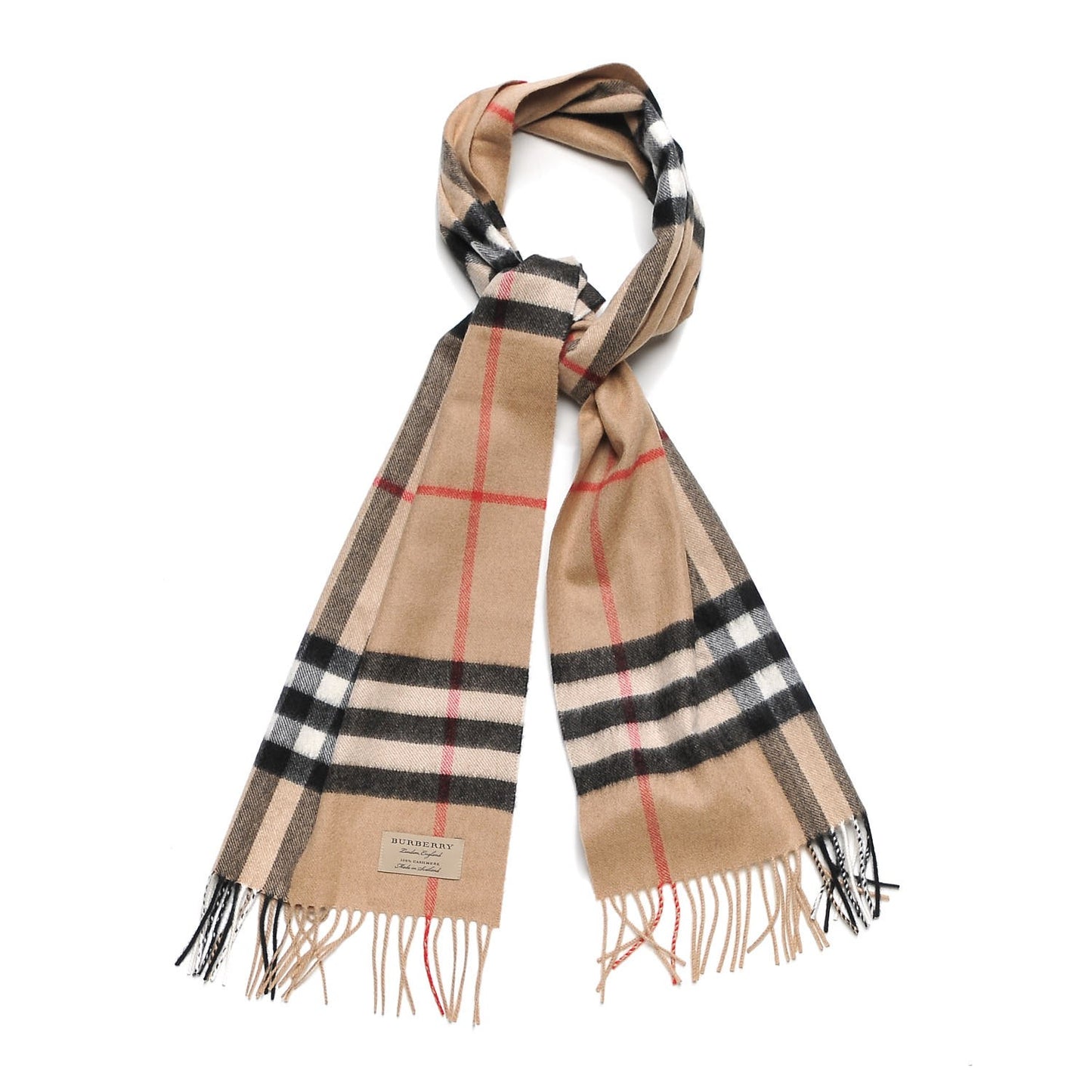 Cashmere Giant Check Fringe Scarf Camel