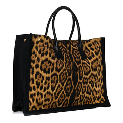 Saint Laurent Canvas Calfskin Leopard Print Rive Gauche Noe Tote Natural Black 3 of 13