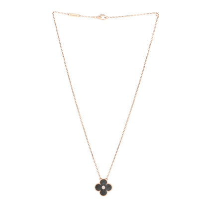 Van Cleef & Arpels 18K Rose Gold Diamond Silver Obsidian Vintage Alhambra Pendant Necklace 3 of 4