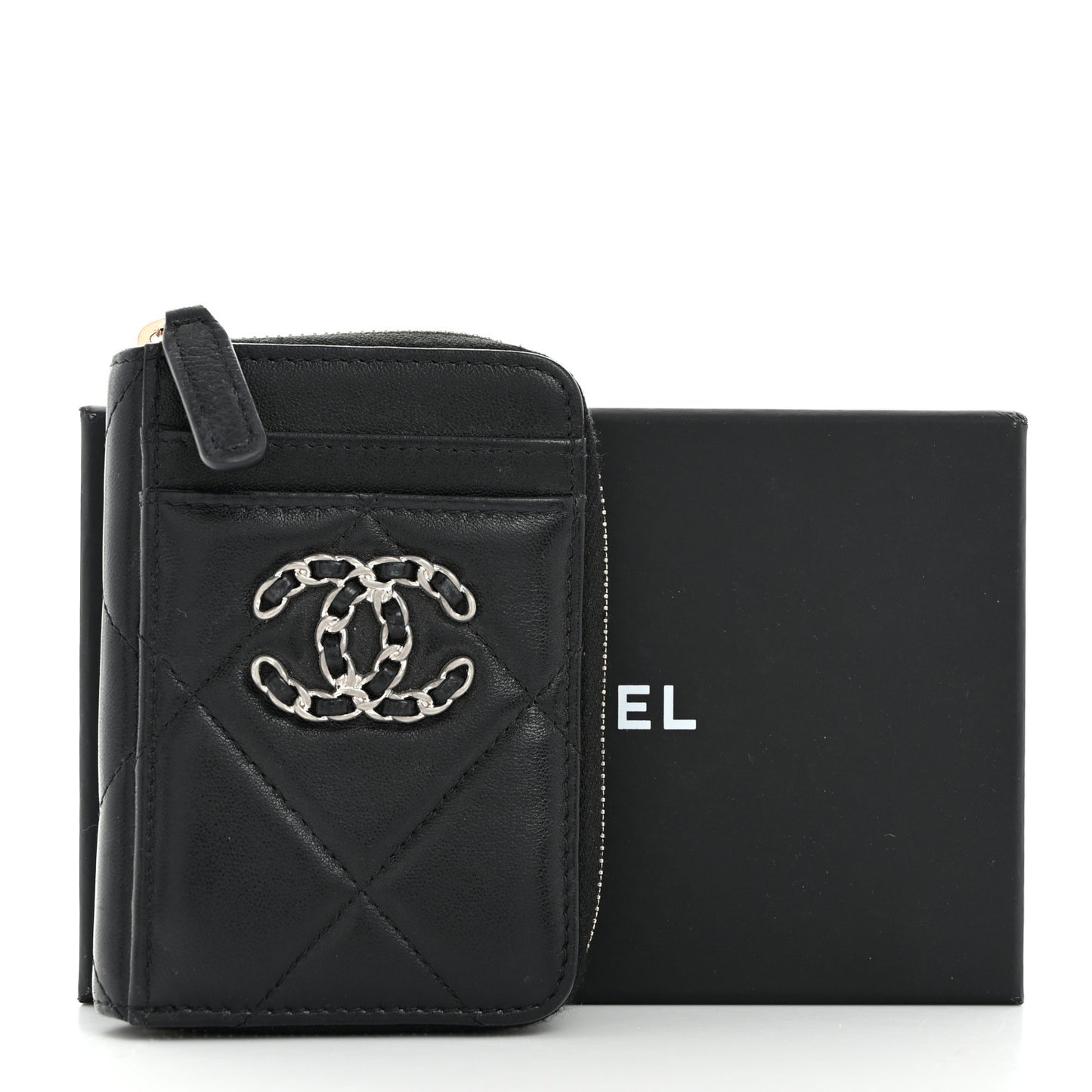 Lambskin Quilted Chanel 19 Vertical Zip Card Holder Wallet Black