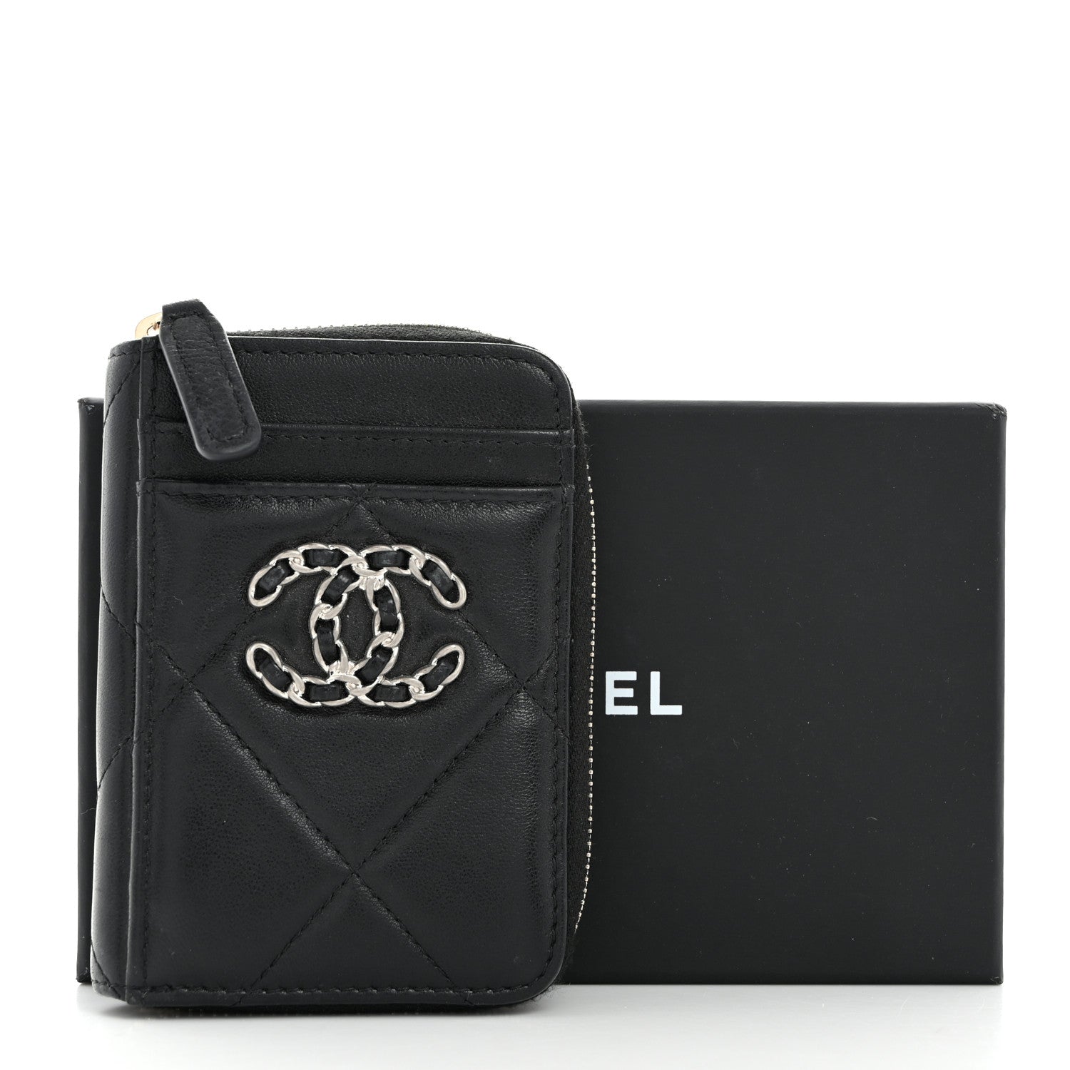 Chanel Lambskin Quilted Chanel 19 Vertical Zip Card Holder Wallet Black 8 of 8