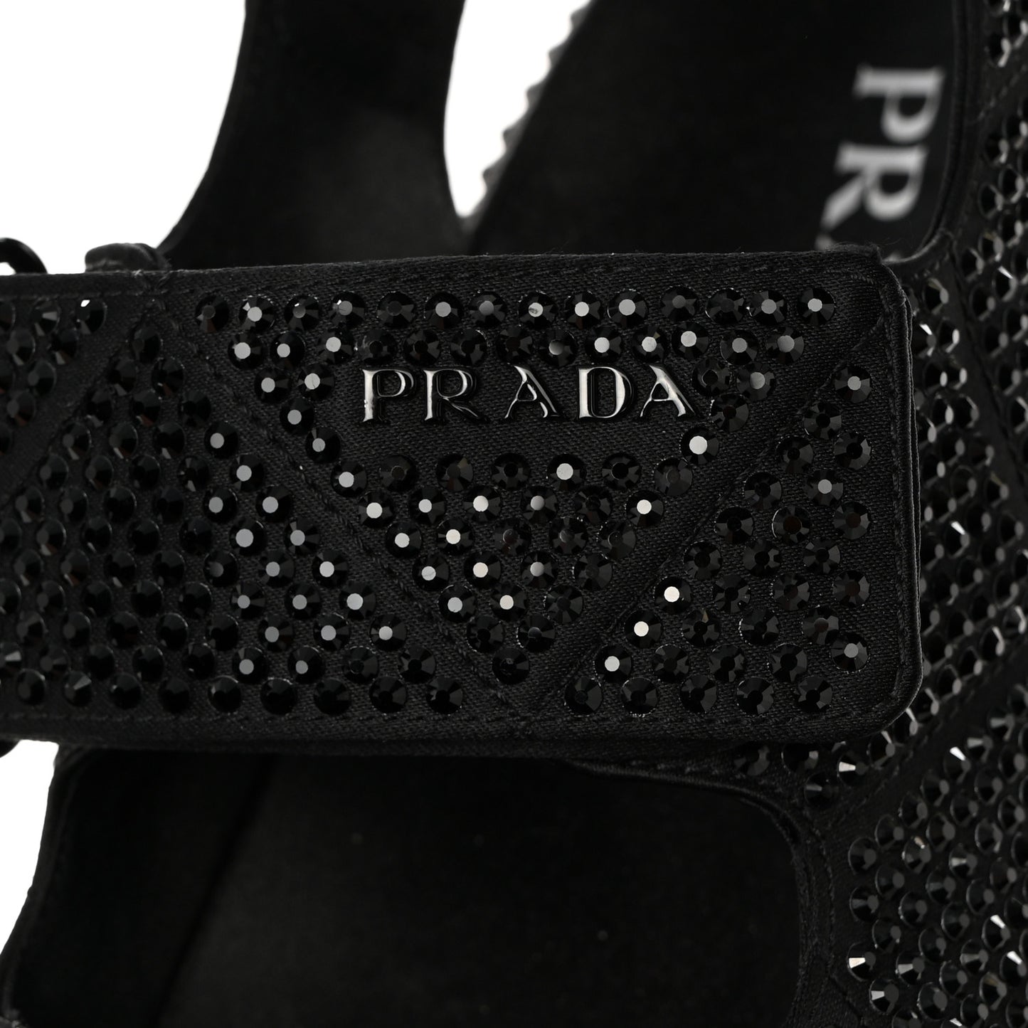Satin Crystal Embellished Metal Logo Velcro Sandals 37.5 Black