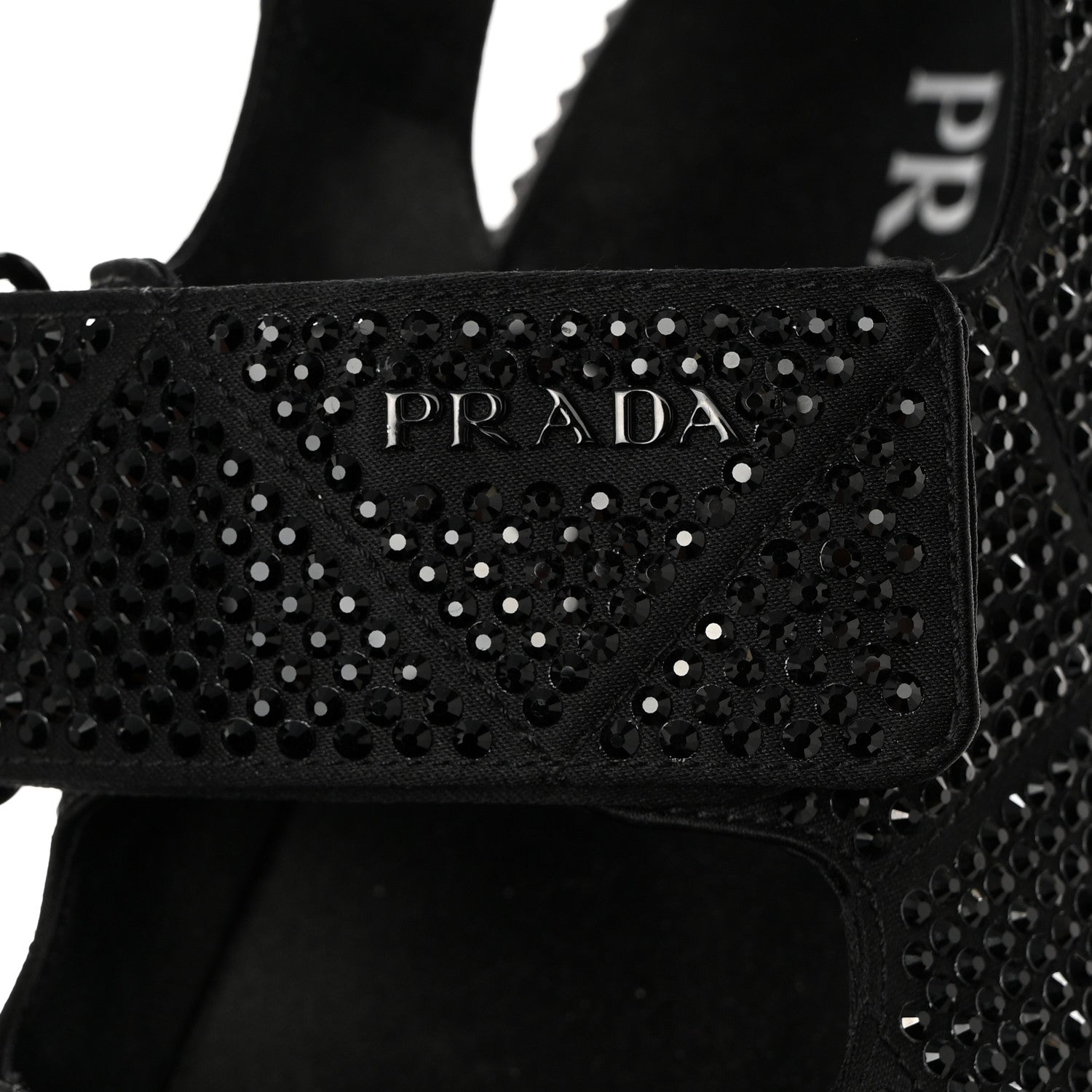 Prada Satin Crystal Embellished Metal Logo Velcro Sandals 37.5 Black 9 of 10