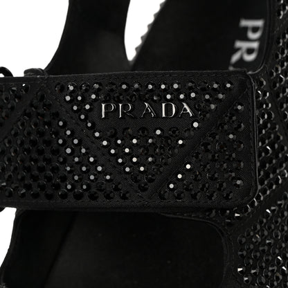 Prada Satin Crystal Embellished Metal Logo Velcro Sandals 37.5 Black 9 of 10