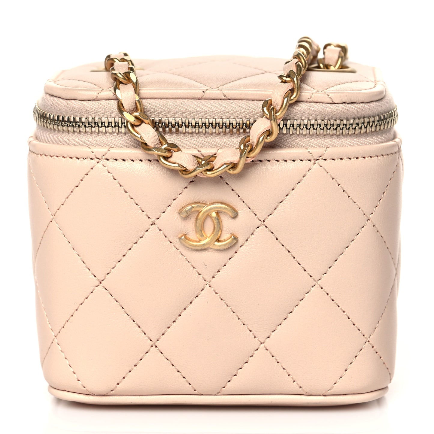Lambskin Quilted Pearl Crush Mini Vanity Case With Chain Light Beige