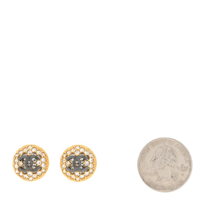 Chanel Metal Crystal CC Round Earrings Gold Ruthenium 2 of 5