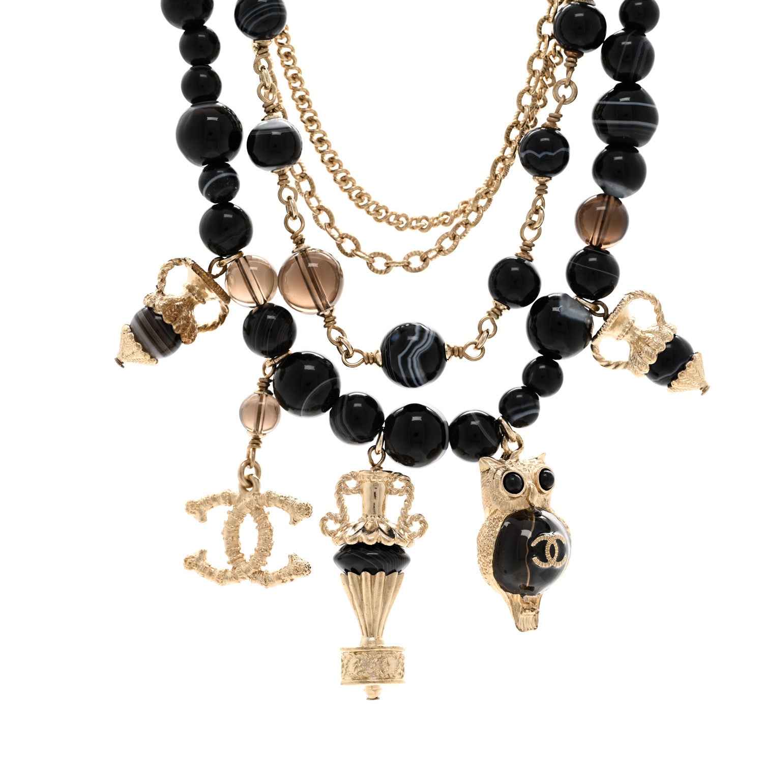 Chanel Resin Glass CC Beaded Charms Multi Strand Short Necklace Gold Black 4 of 6