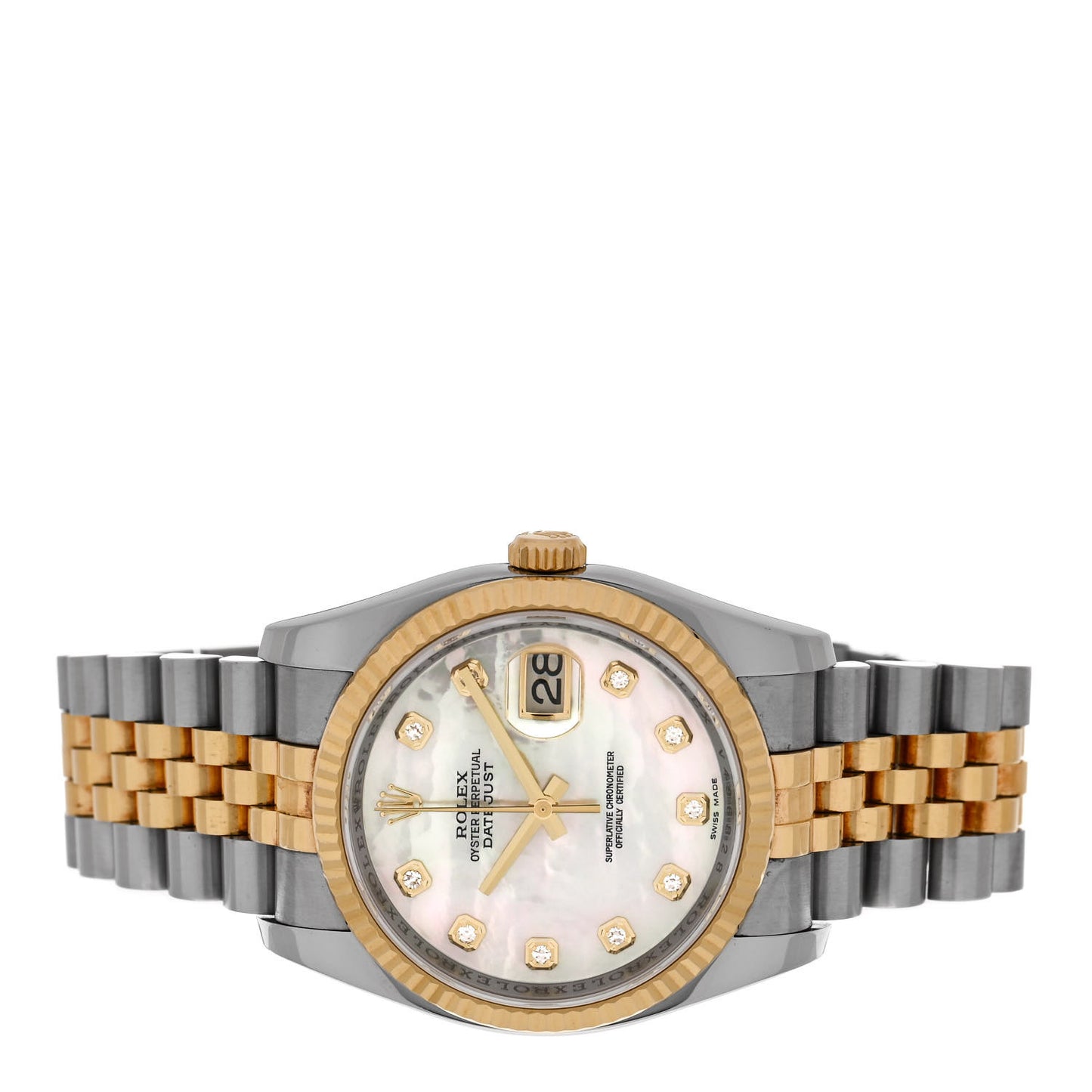 Stainless Steel 18K Yellow Gold Diamond Mother of Pearl 36mm Oyster Perpetual Datejust Watch 116233
