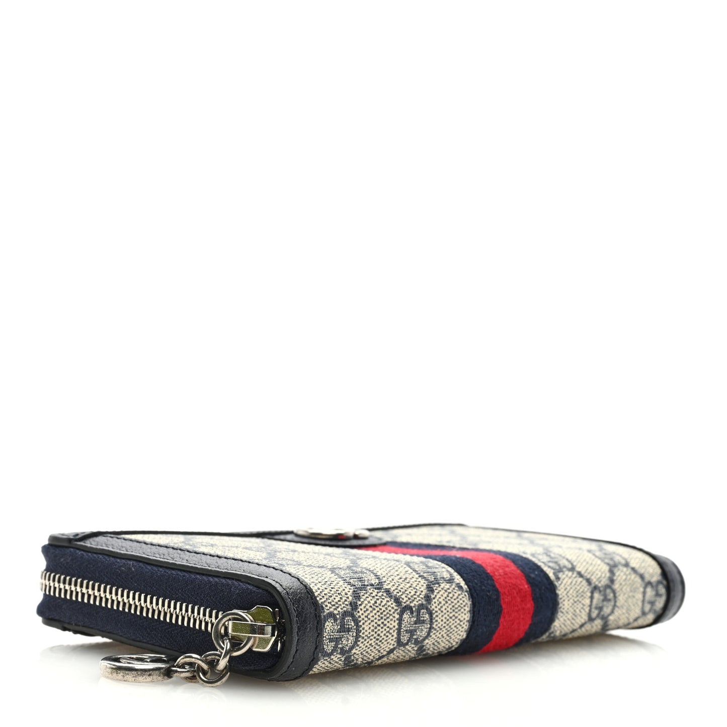 GG Supreme Monogram Textured Dollar Calfskin Web Ophidia Zip Around Wallet Beige Blue
