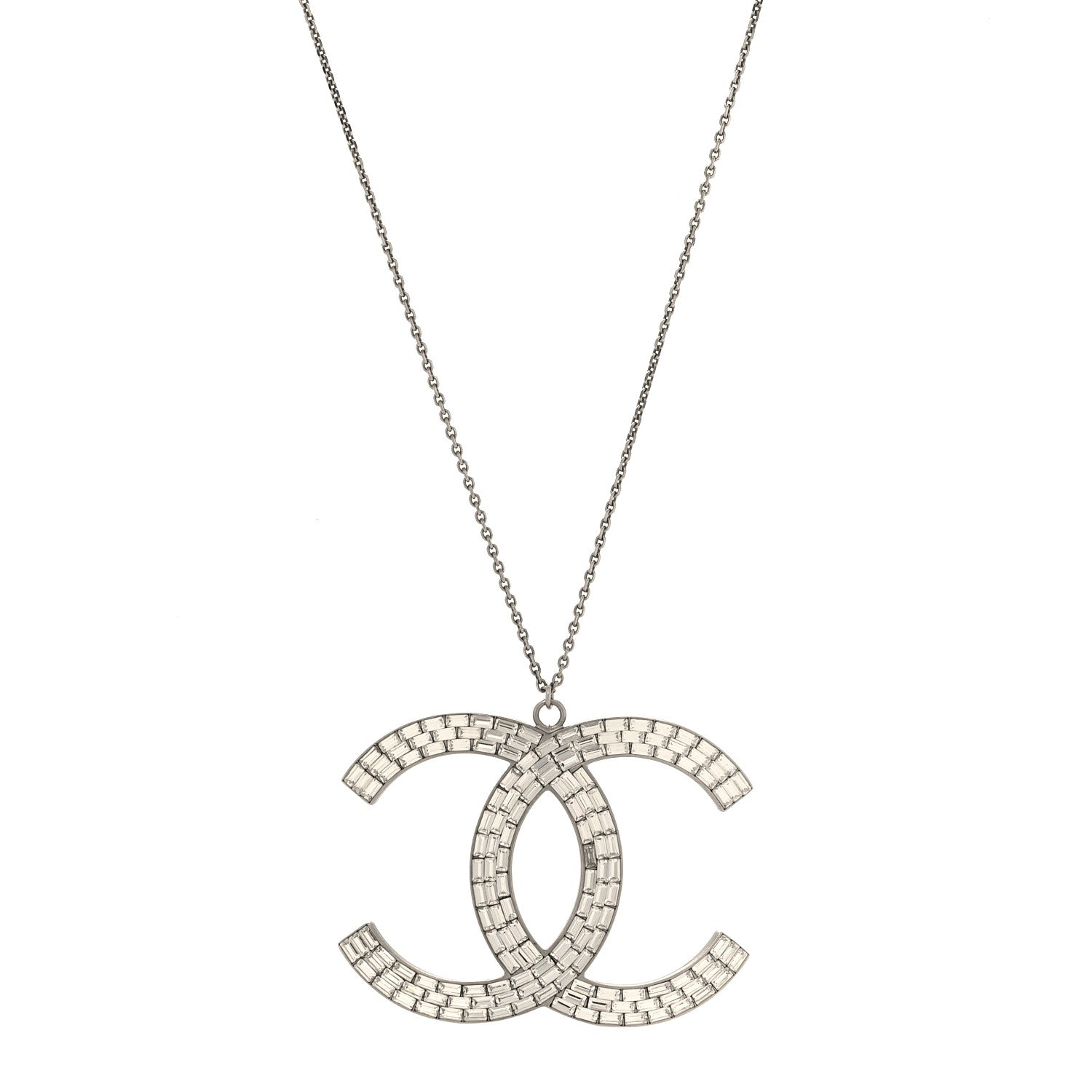 Chanel Baguette Crystal Large CC Pendant Necklace Silver 1 of 4