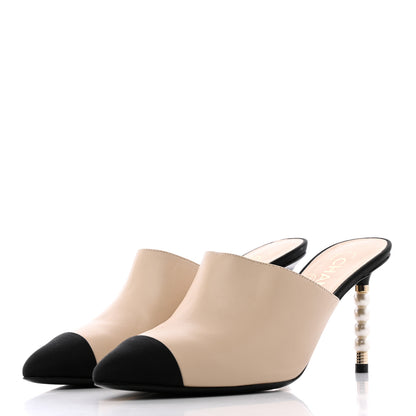 Chanel Lambskin Grosgrain Cap Toe Pearl Mule 37.5 Beige Black 3 of 13