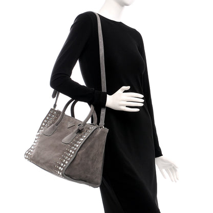 Prada Scamosciato Suede Studded Crystal Twin Pocket Tote Marmo 2 of 16