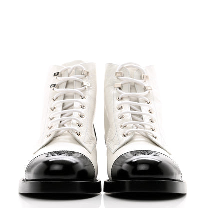 Chanel Distressed Patent Cap Toe Combat Boots 41 White Black 2 of 9