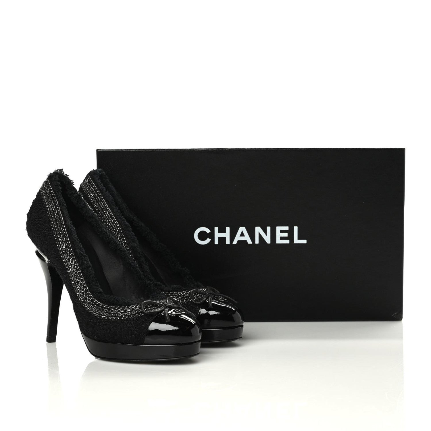 Chanel Tweed Patent Cap Toe CC Chain Pumps 36 Black 2 of 9