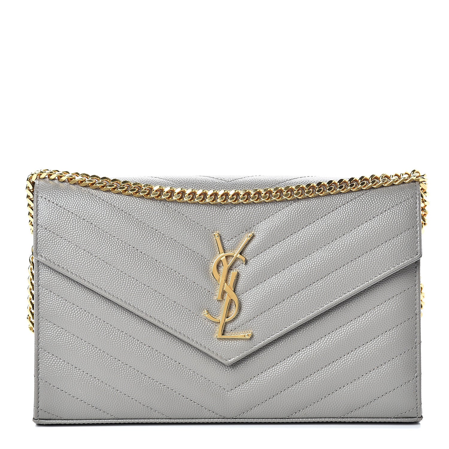 Saint Laurent Grain De Poudre Matelasse Chevron Monogram Chain Wallet Oyster Grey 1 of 13