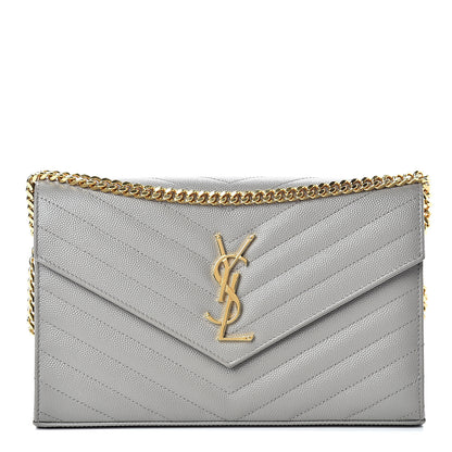 Saint Laurent Grain De Poudre Matelasse Chevron Monogram Chain Wallet Oyster Grey 1 of 13
