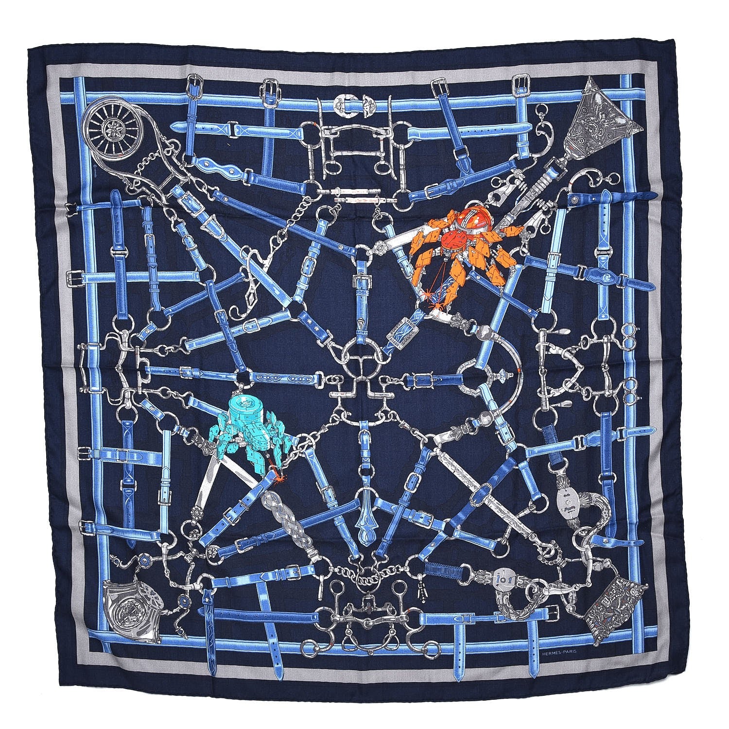 Hermes Cashmere Silk Flamboyant Web Scarf 100 Marine Anthracite 1 of 7