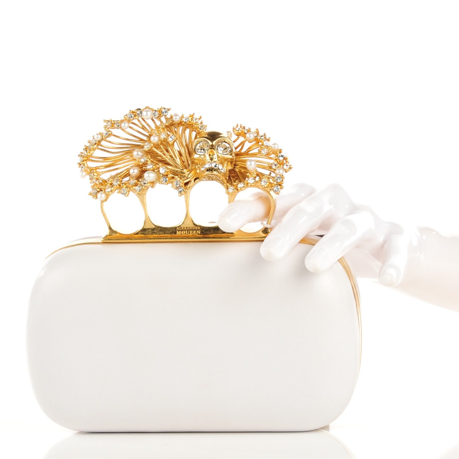 Alexander McQueen Nappa Pearl Crystal Knuckle Duster Box Clutch White 2 of 8