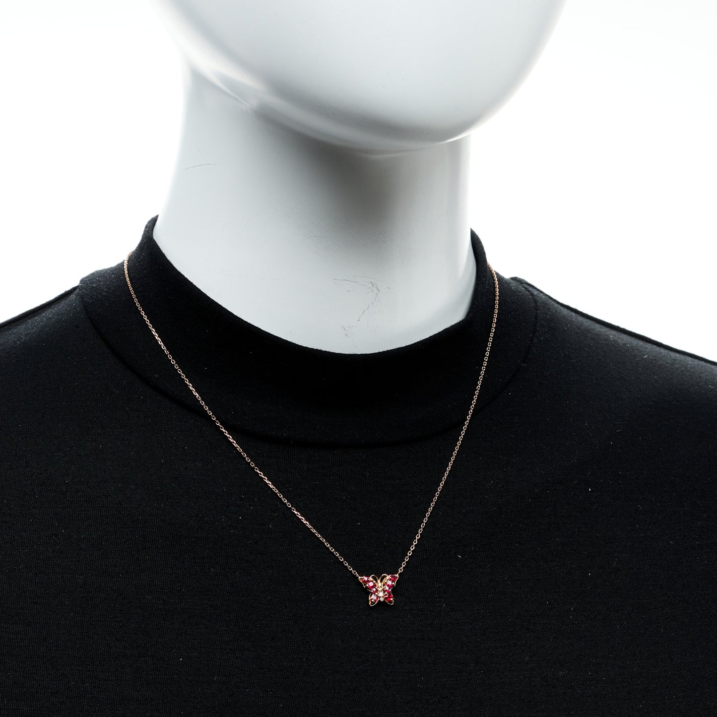 18K Rose Gold Diamond Ruby Mini Butterfly Pendant Necklace