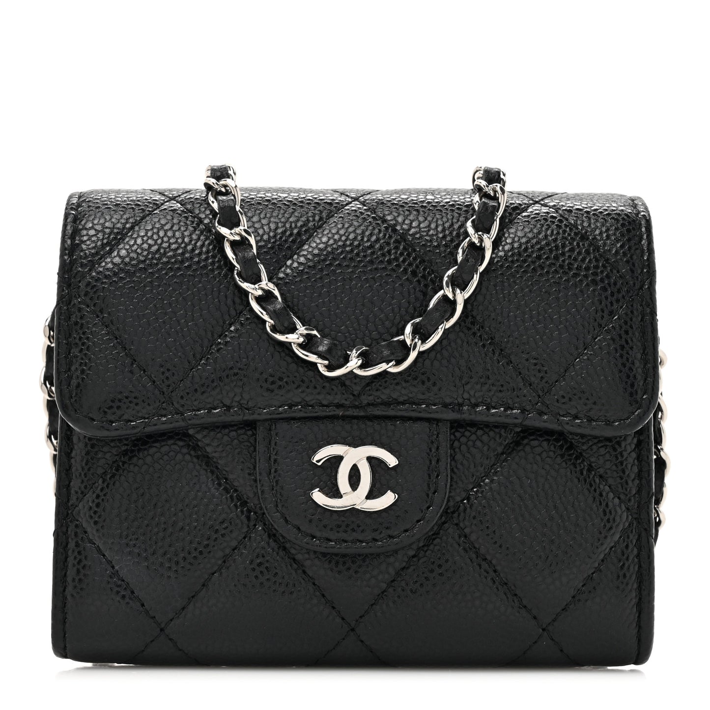 Caviar Quilted Flap Card Holder On Chain Black