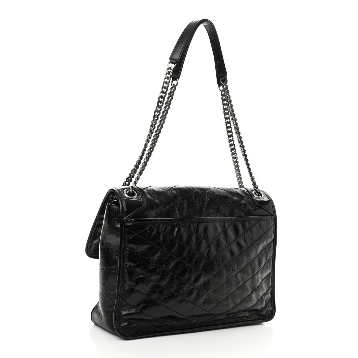 Crinkled Calfskin Matelasse Monogram Large Niki Chain Satchel Black