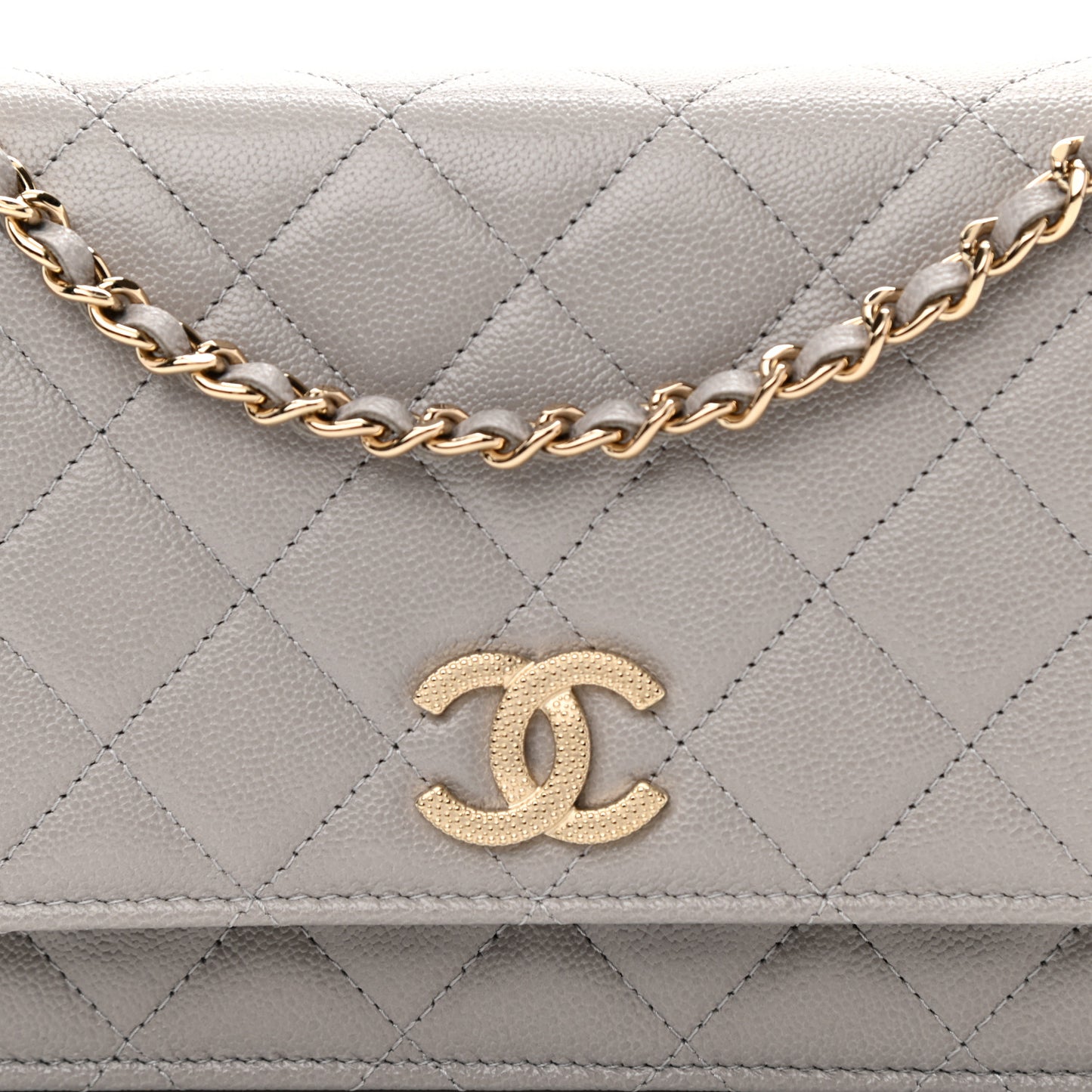 Caviar Quilted Studded CC Wallet On Chain WOC Grey