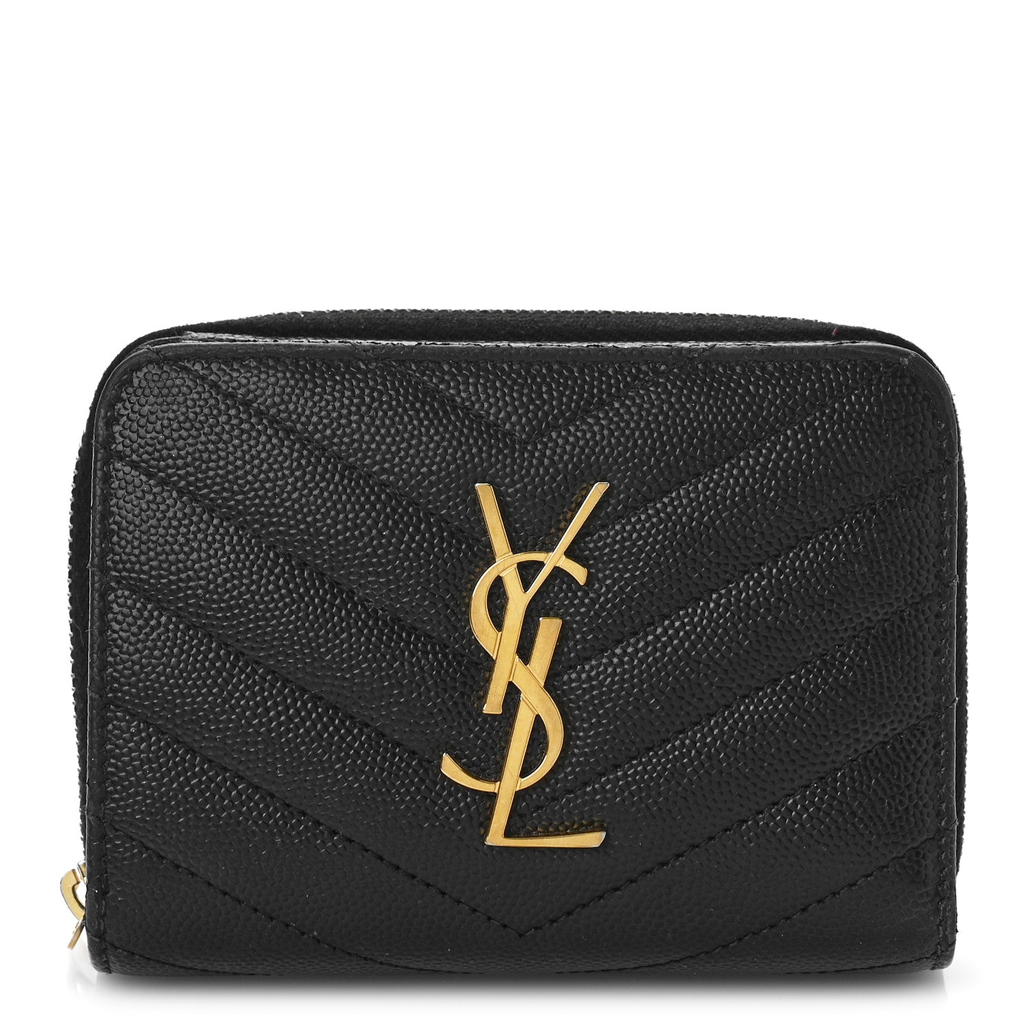 Saint Laurent Grain De Poudre Matelasse Chevron Monogram Compact Zip Around Wallet Black 1 of 8