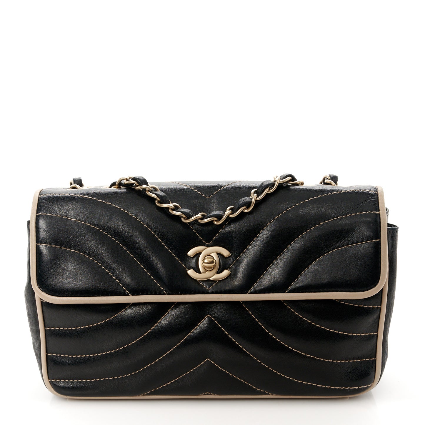 Lambskin Quilted Single Flap Bag Black Beige