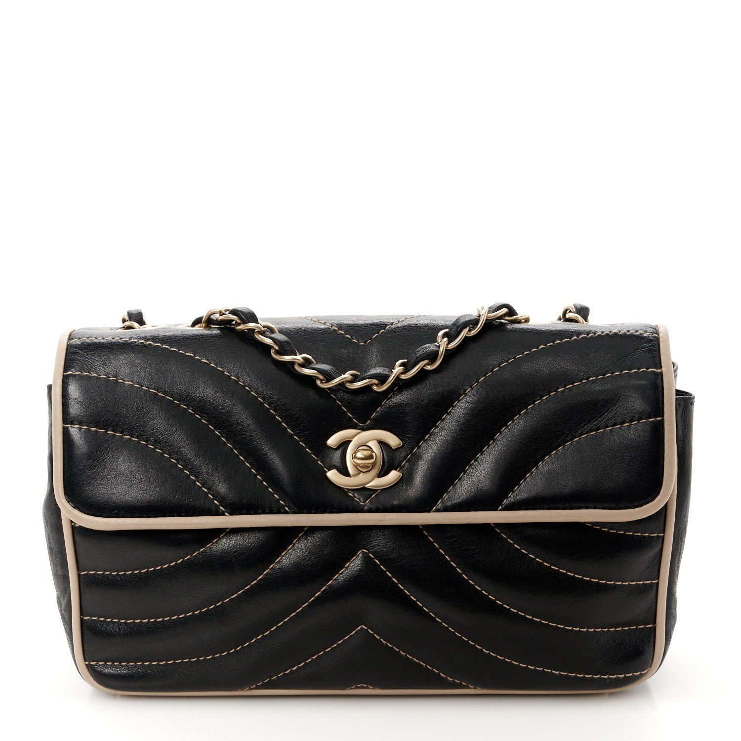 Chanel Lambskin Quilted Single Flap Bag Black Beige 1 of 11