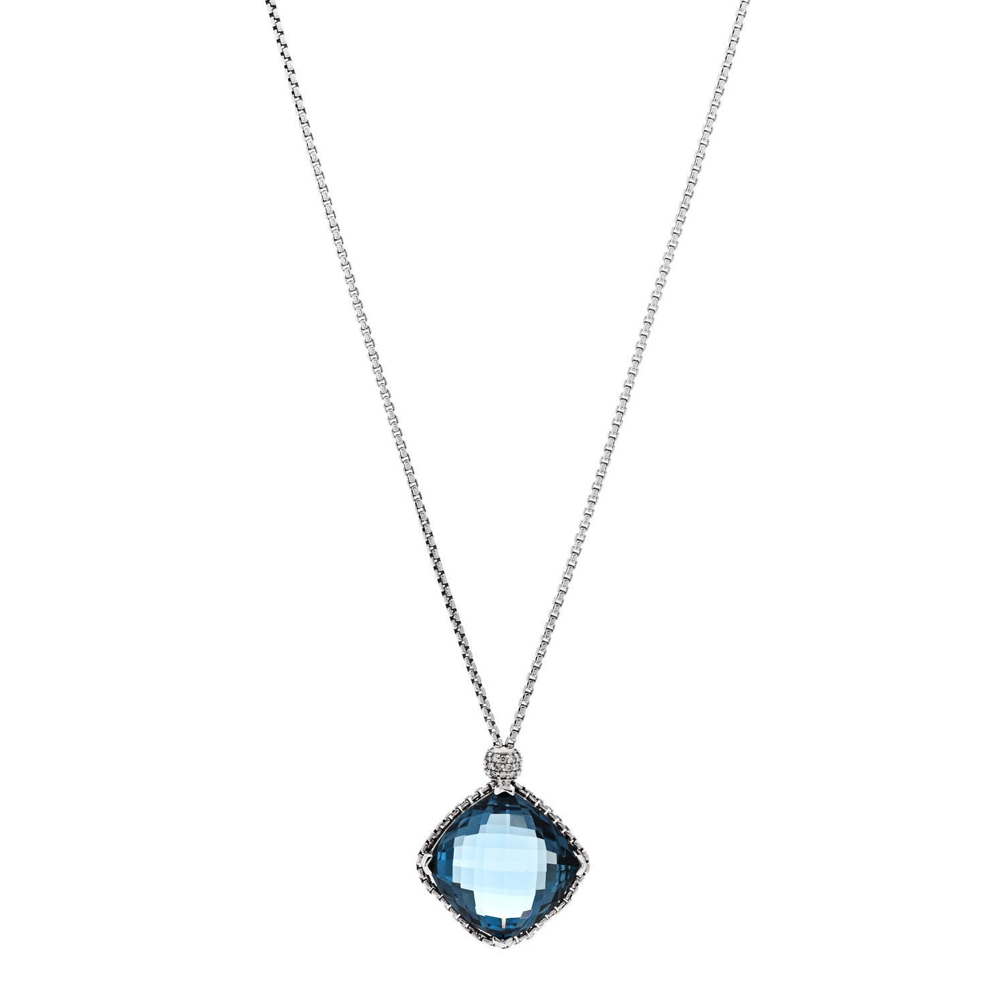 Sterling Silver Diamond Blue Topaz 20mm Cushion on Point Drop Pendant Necklace