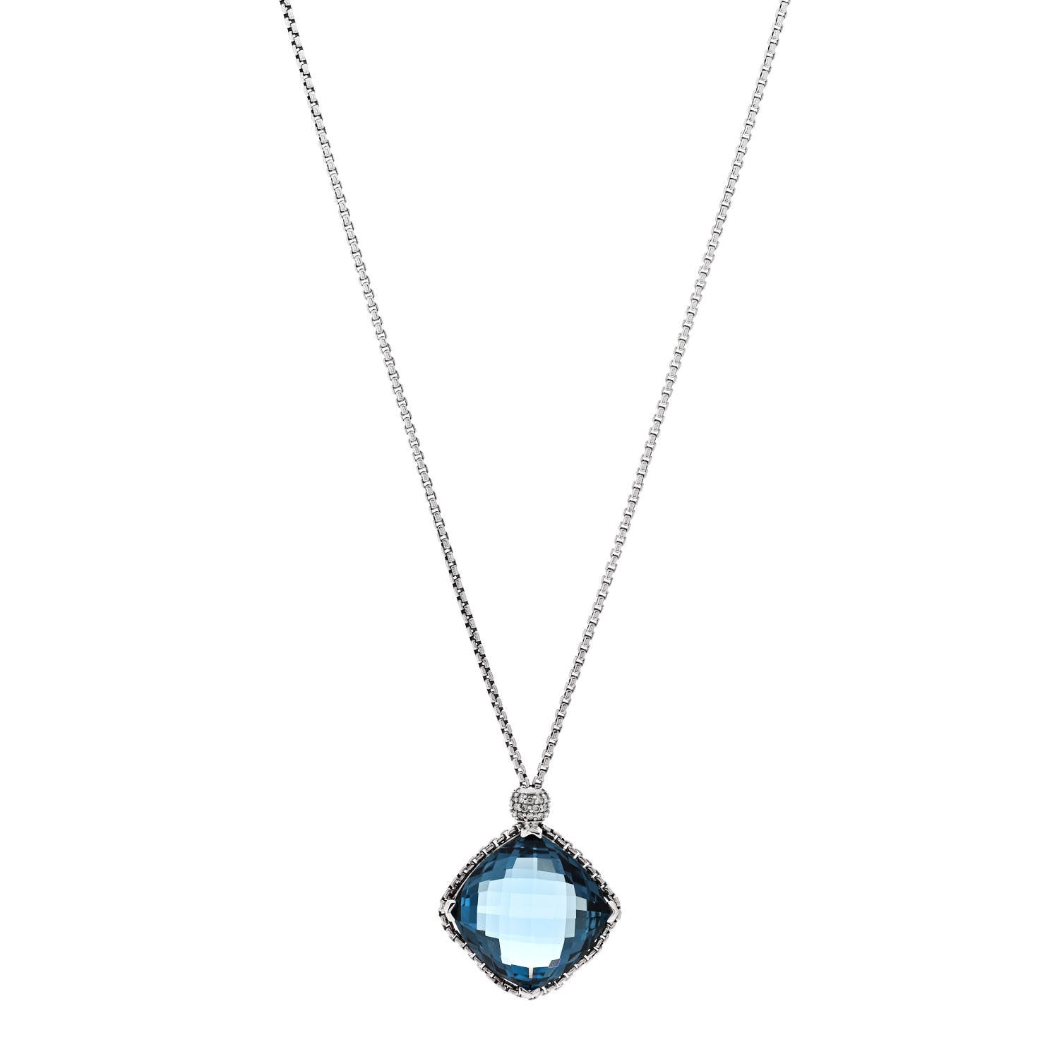 David Yurman Sterling Silver Diamond Blue Topaz 20mm Cushion on Point Drop Pendant Necklace 1 of 8
