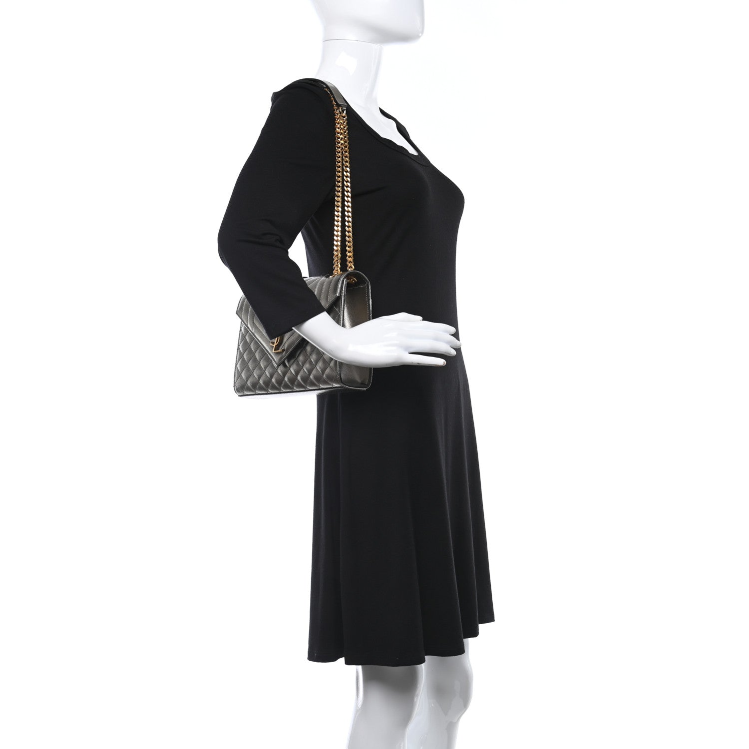 Saint Laurent Metallic Grain De Poudre Textured Mixed Matelasse Triquilt Medium Monogram Satchel Piombo 2 of 8