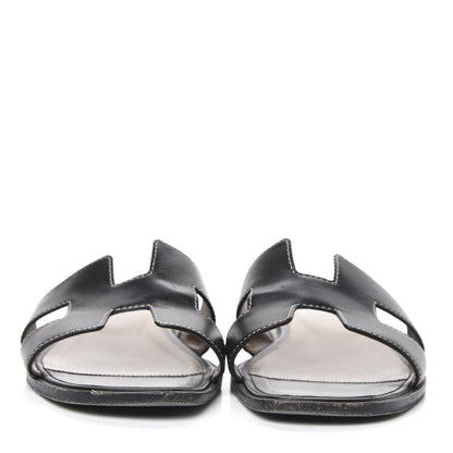 Hermes Box Calfskin Oran Sandals 37.5 Black 2 of 9
