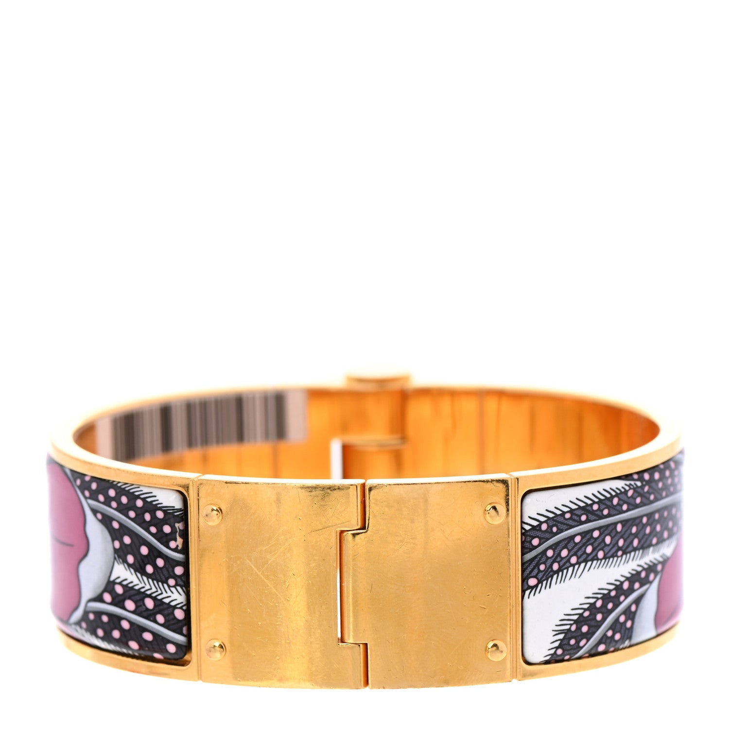 Hermes Enamel Printed Charniere Baobab Cat Wide Hinged Bracelet L Faux Gris 3 of 7