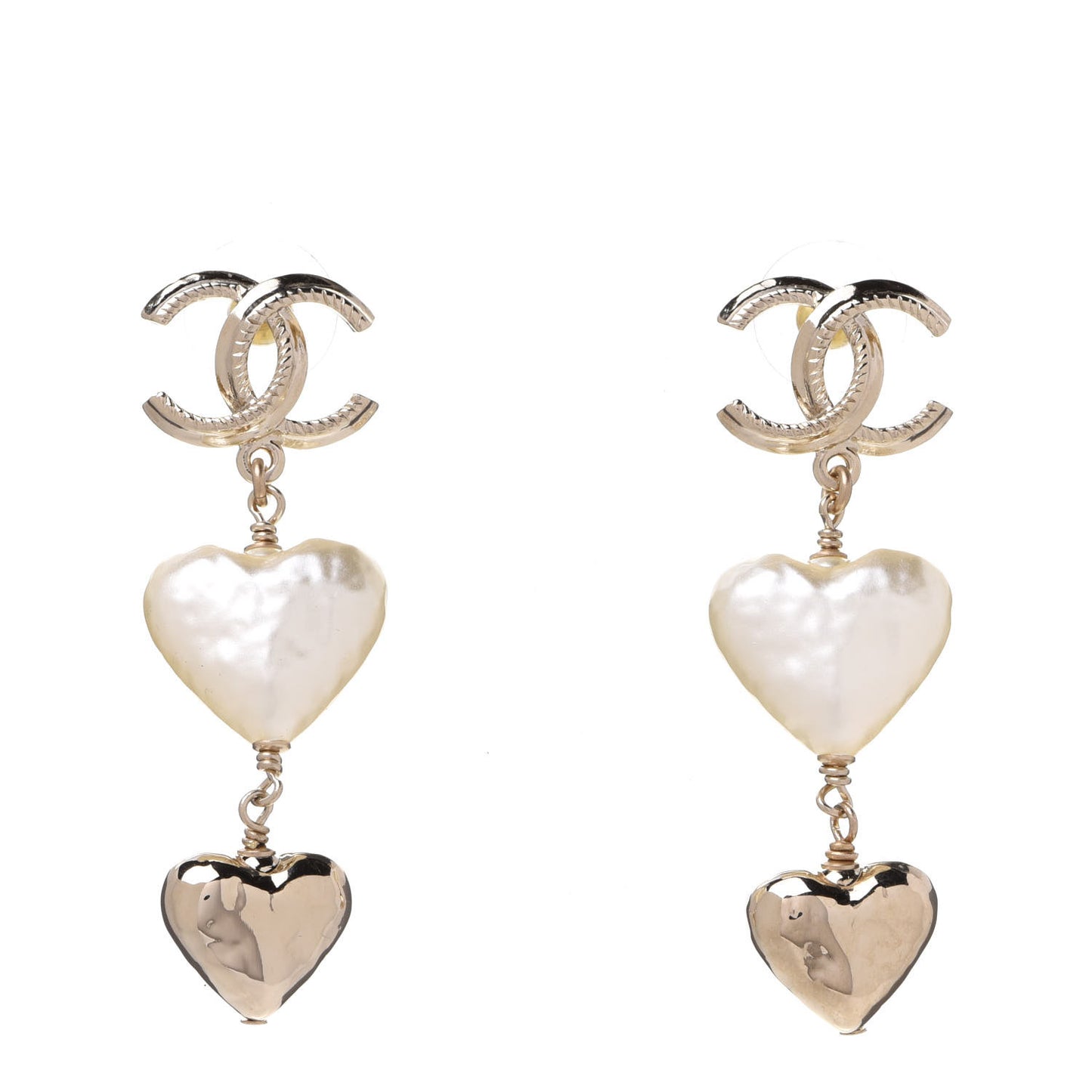 Pearl CC Double Heart Drop Earrings Gold