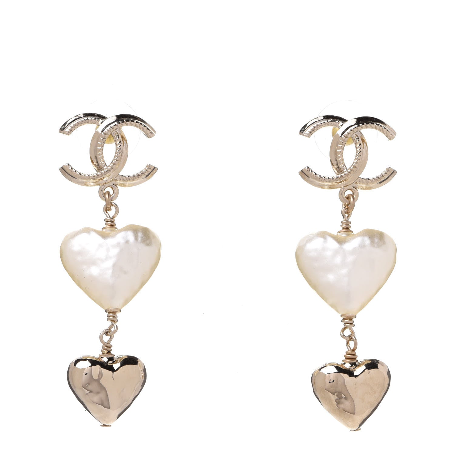 Chanel Pearl CC Double Heart Drop Earrings Gold 1 of 5