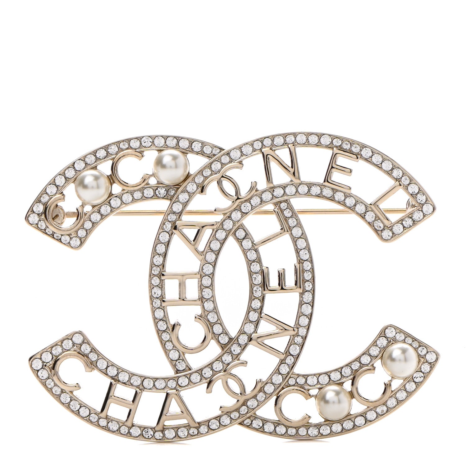 Chanel Crystal Pearl Coco CC Logo Brooch Gold 1 of 5