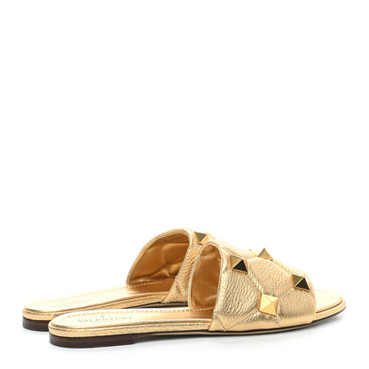 Valentino Garavani Metallic Pebbled Calfskin Roman Stud Flat Slide Sandals 40 Antique Brass 4 of 9