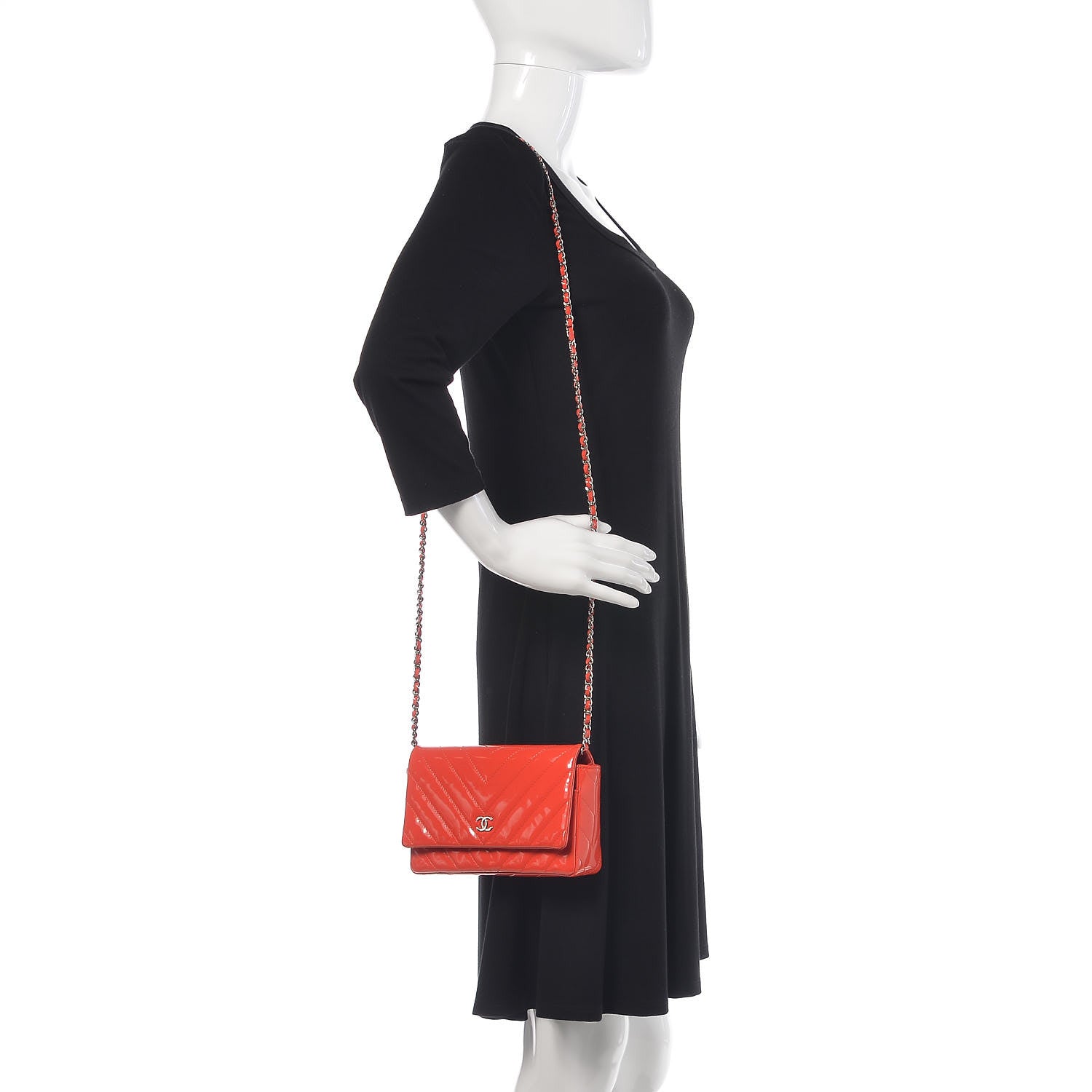 Chanel Patent Calfskin Chevron Quilted Wallet On Chain WOC Red 2 of 12