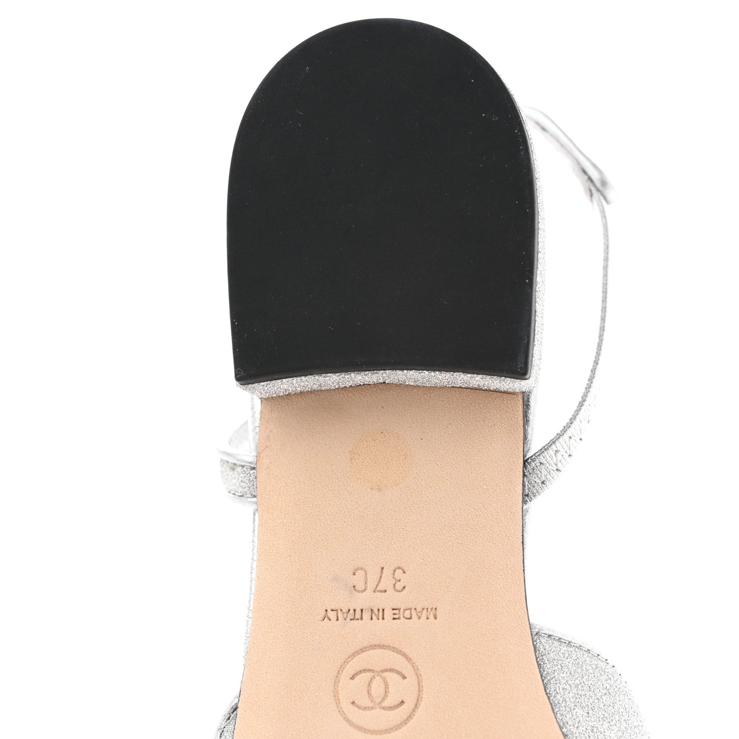 Glitter Calfskin Grosgrain CC Slingback Flats 37 Black Silver