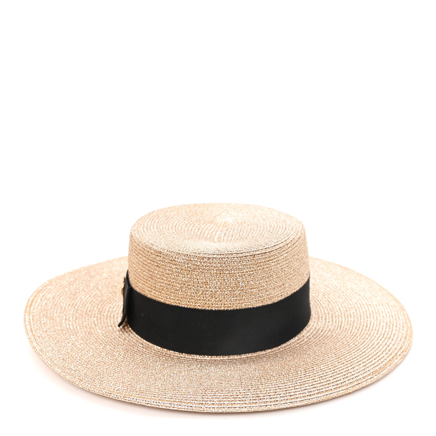 Glittered Straw Grosgrain Wide Brim Hat XL Gold Black