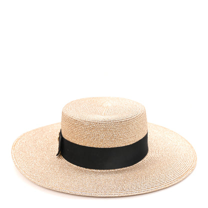 Gucci Glittered Straw Grosgrain Wide Brim Hat XL Gold Black 3 of 10