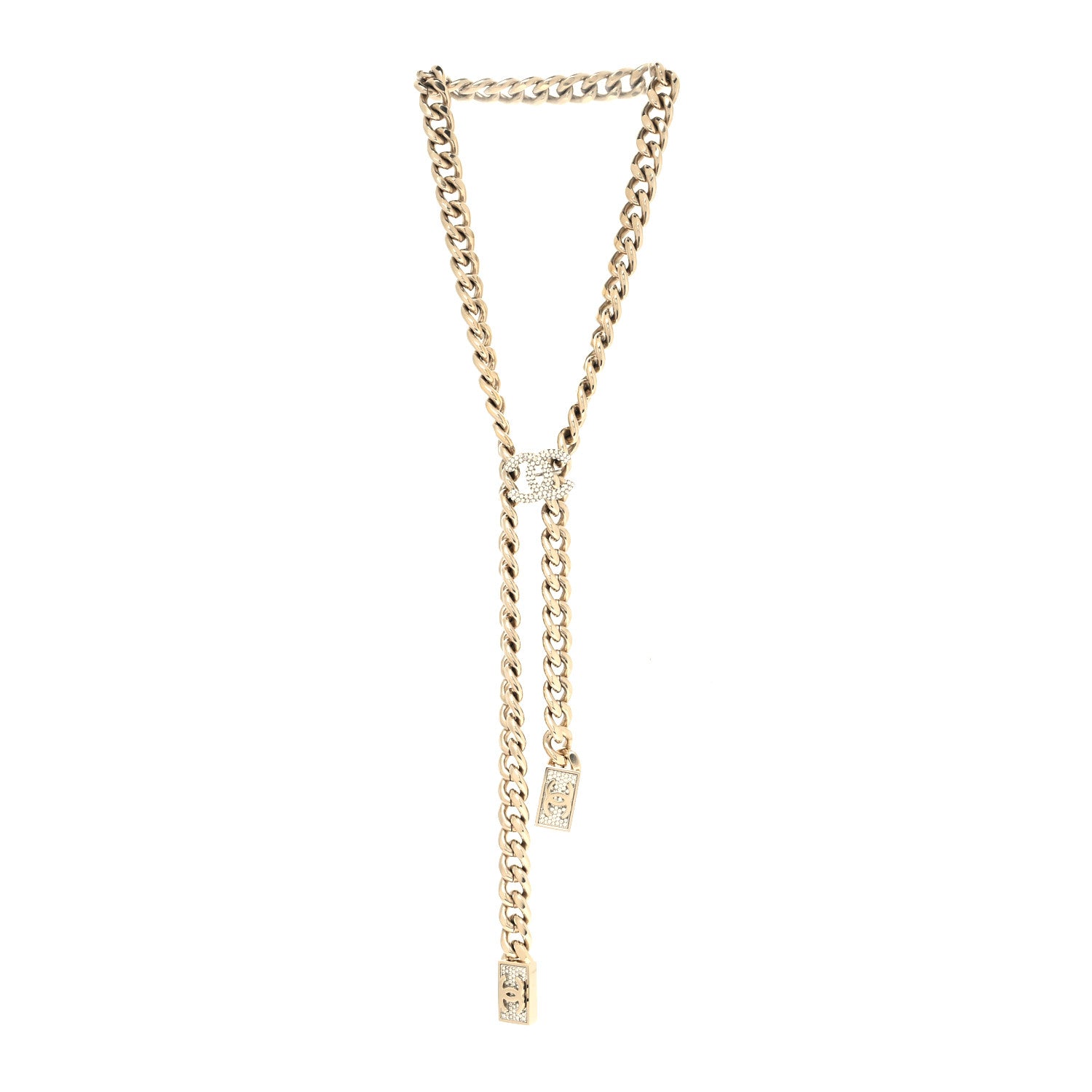 Chanel Chain Link Crystal CC Dog Tag Charm Necklace Gold 3 of 5