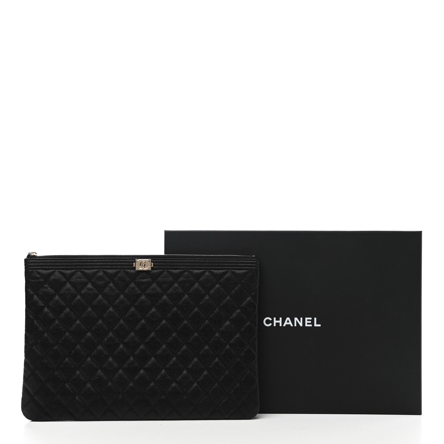 Chanel Lambskin Quilted Large Boy Zip Pouch Black 8 of 8