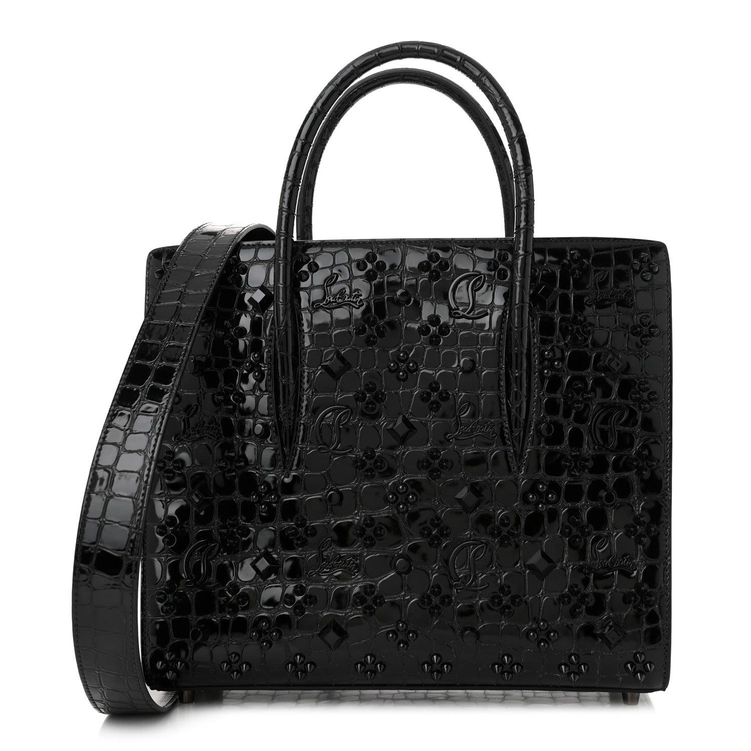 Christian Louboutin Calfskin Crocodile Embossed Studded Medium Paloma S Black 1 of 10