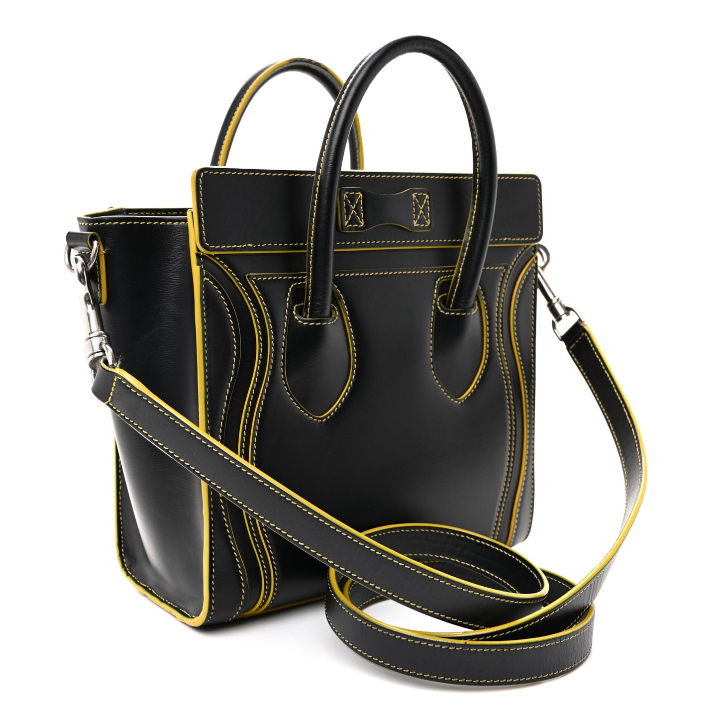 Satin Calfskin Nano Debossed Luggage Black Yellow