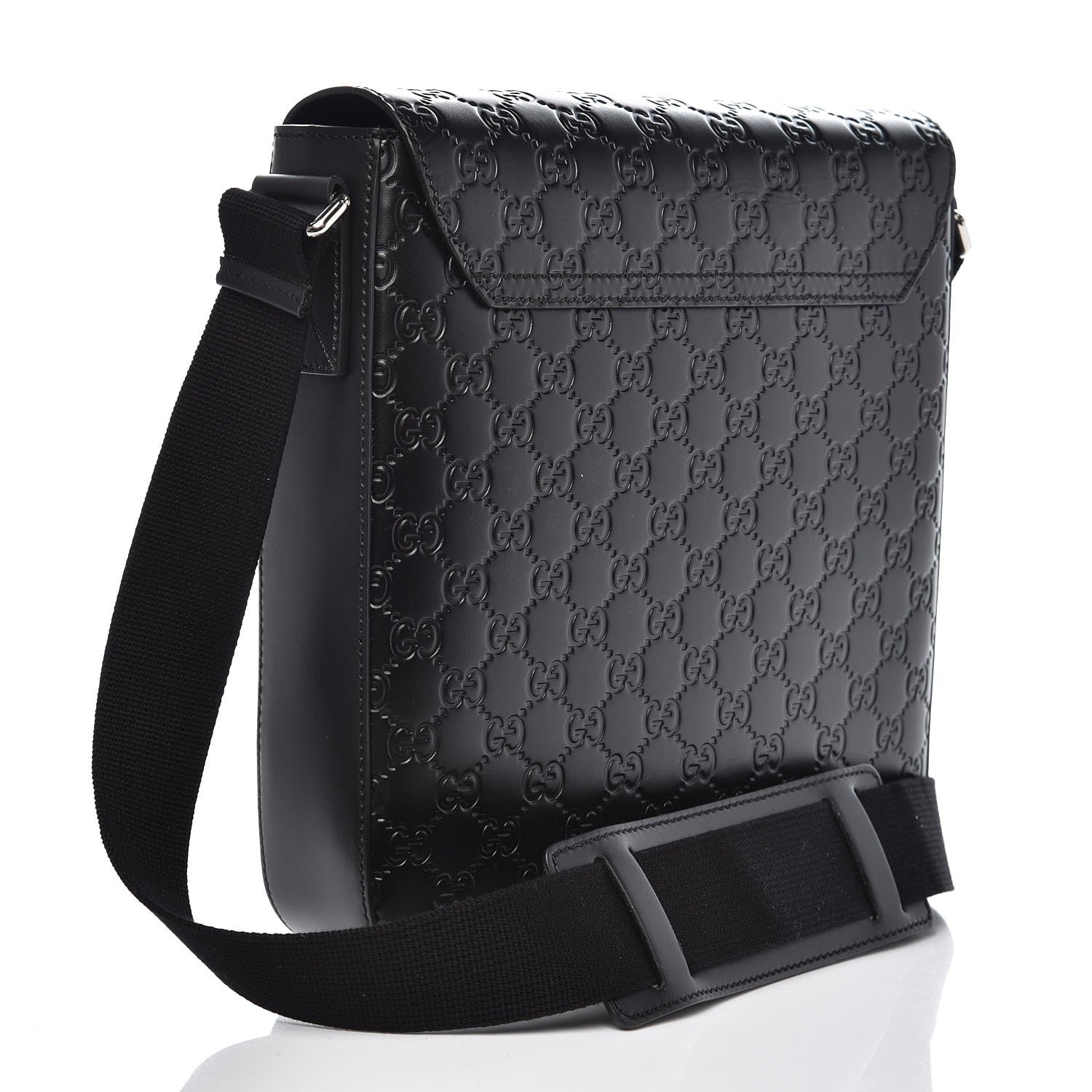 Gucci Guccissima Signature Single Buckle Flap Messenger Bag Black 3 of 7