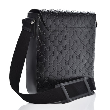 Gucci Guccissima Signature Single Buckle Flap Messenger Bag Black 3 of 7