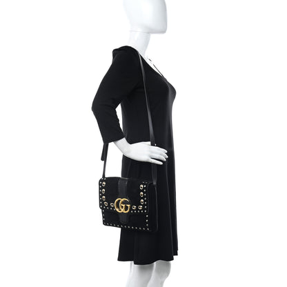Gucci Suede Snakeskin Studded Medium Arli Flap Shoulder Bag Black 2 of 10